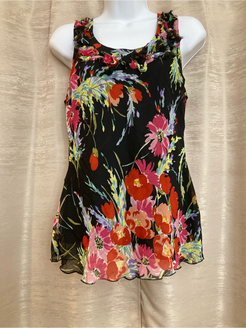 Spense Black Multi-colored Floral Sleeveless Chiffon Tank Top size Small